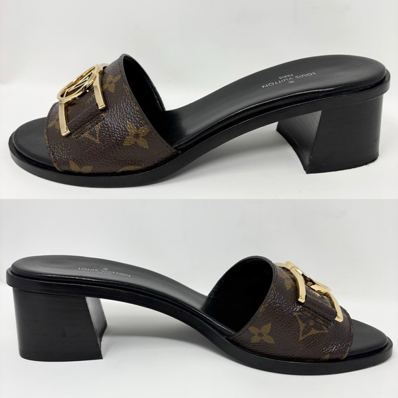 Louis Vuitton Lock It Mule Heeled Sandals Brown Monogram Canvas LV Logo Size 37 - Picture 8 of 16